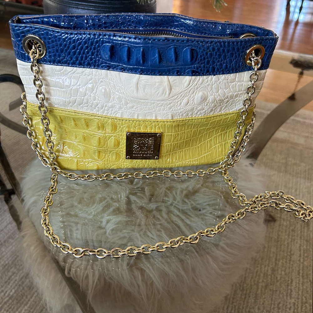 Brahmin Blue, White, and Yellow Croc Embossed Chain Bag